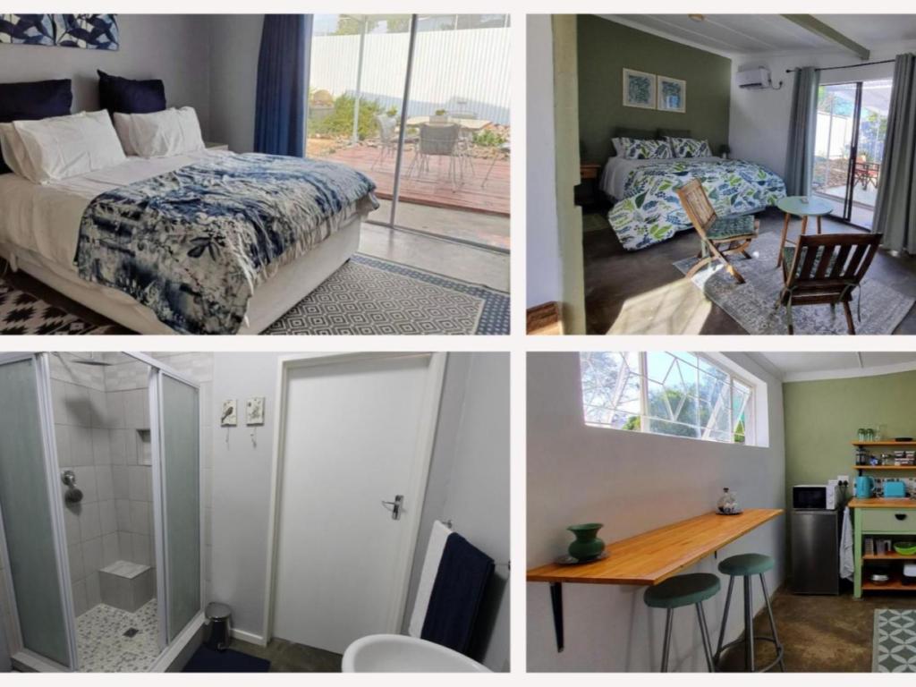 a collage of three pictures of a bedroom at Karoo Nest - Calitzdorp in Calitzdorp