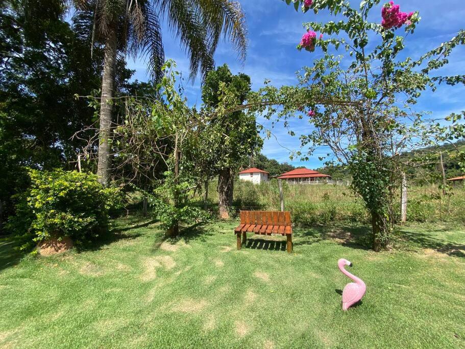 un flamingo rose assis à côté d'un banc de parc dans l'établissement Chácara Recanto Solar, à Águas de Lindóia