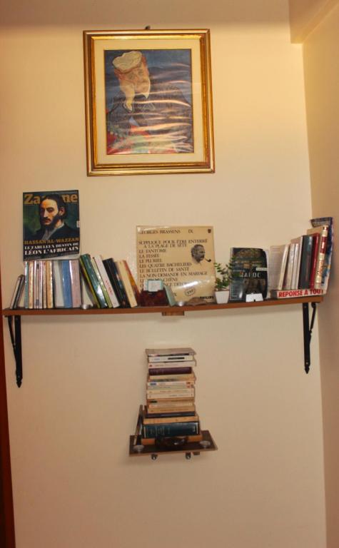 a shelf with books and records on a wall at Asunfou : Appartement d'apaisement in Mirleft