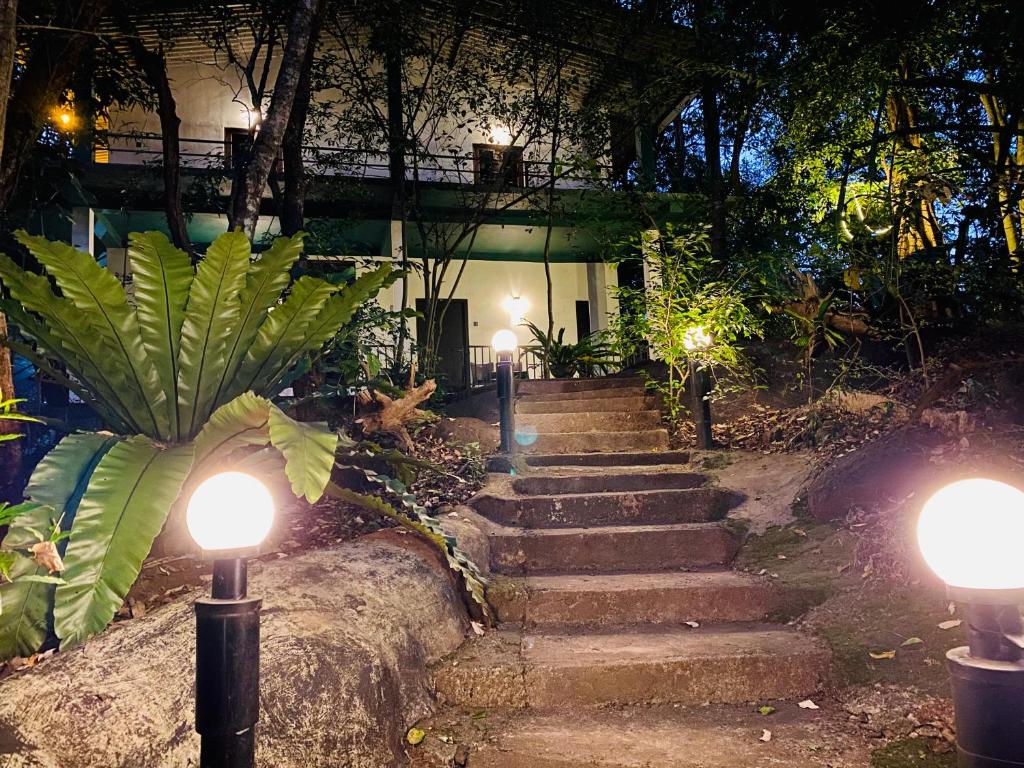 una rampa di scale di fronte a un edificio con luci di Green House Resort a Sigiriya