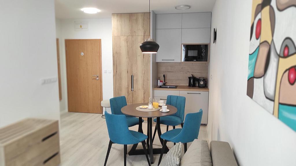 une cuisine et une salle à manger avec une table et des chaises dans l'établissement Apartmány U Zámečku, à Kyjov