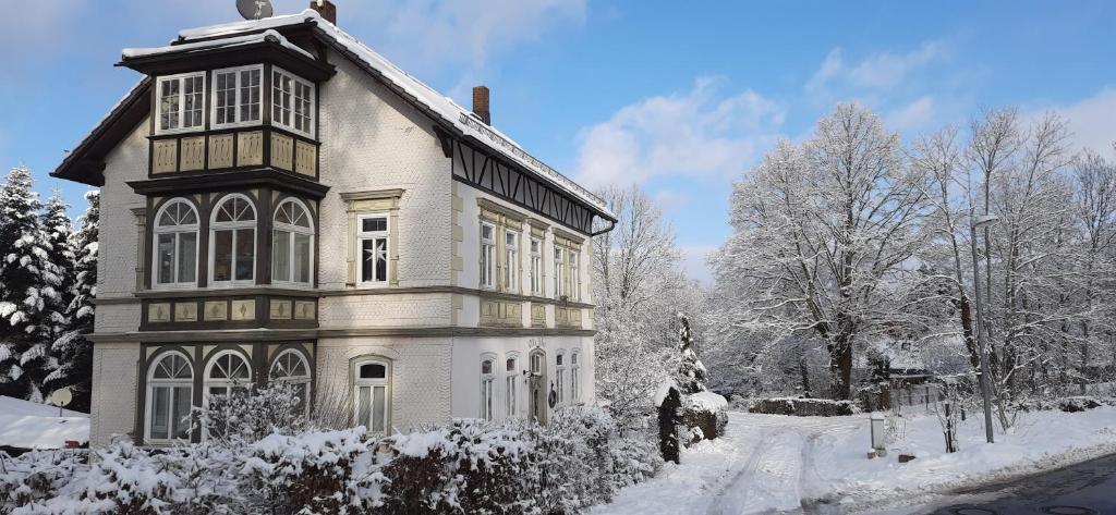a house is covered in snow at Ferienwohnung im Logierhaus Villa Ihler in Luisenthal