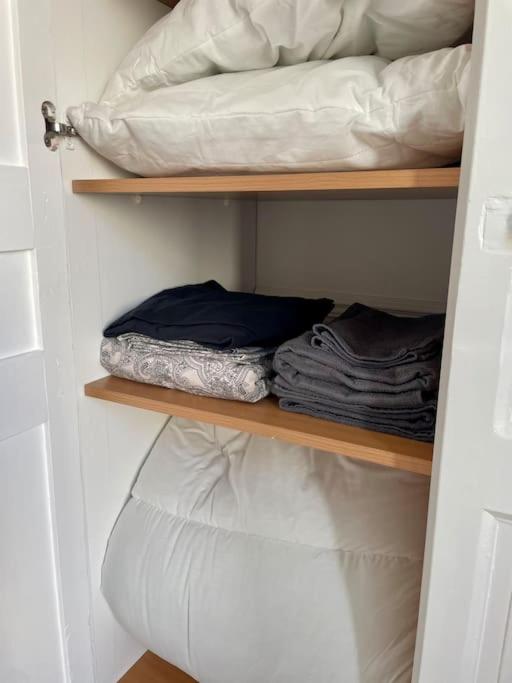 a closet with wooden shelves with a bed at Charmant 2 pièces proche RER B direction Paris in Fontenay-aux-Roses