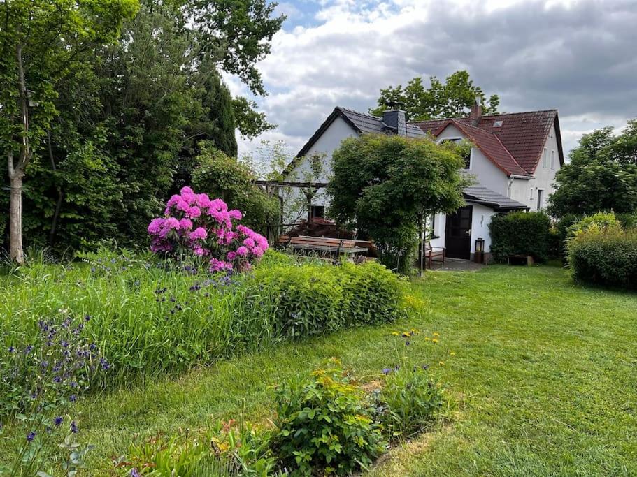a house with pink flowers in the yard at Idyllisches Gartenhaus 