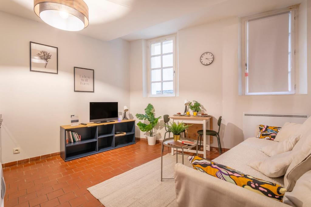 un salon avec un canapé et une télévision dans l'établissement Charmant Studio au Cœur du Centre Historique, à Aix-en-Provence