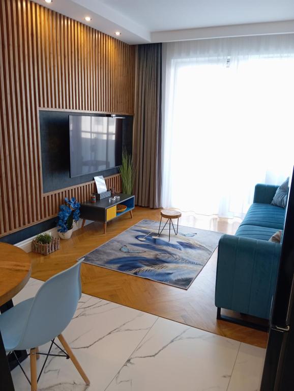 salon z kanapą i telewizorem w obiekcie Apartament Rainbow w mieście Białystok