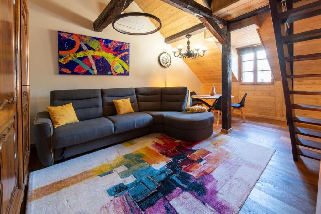 a living room with a couch and a colorful rug at JURA Annecy Rent Lodge in Annecy