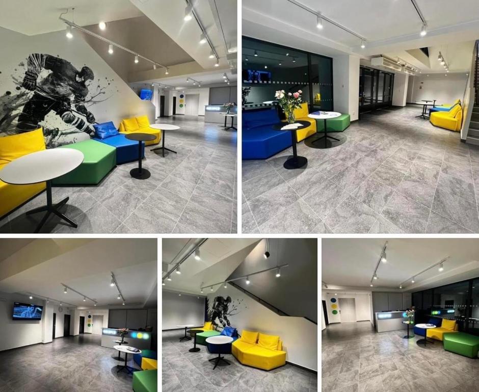 four pictures of a room with different colored couches and tables at Hotel Active Stadium in Lovosice