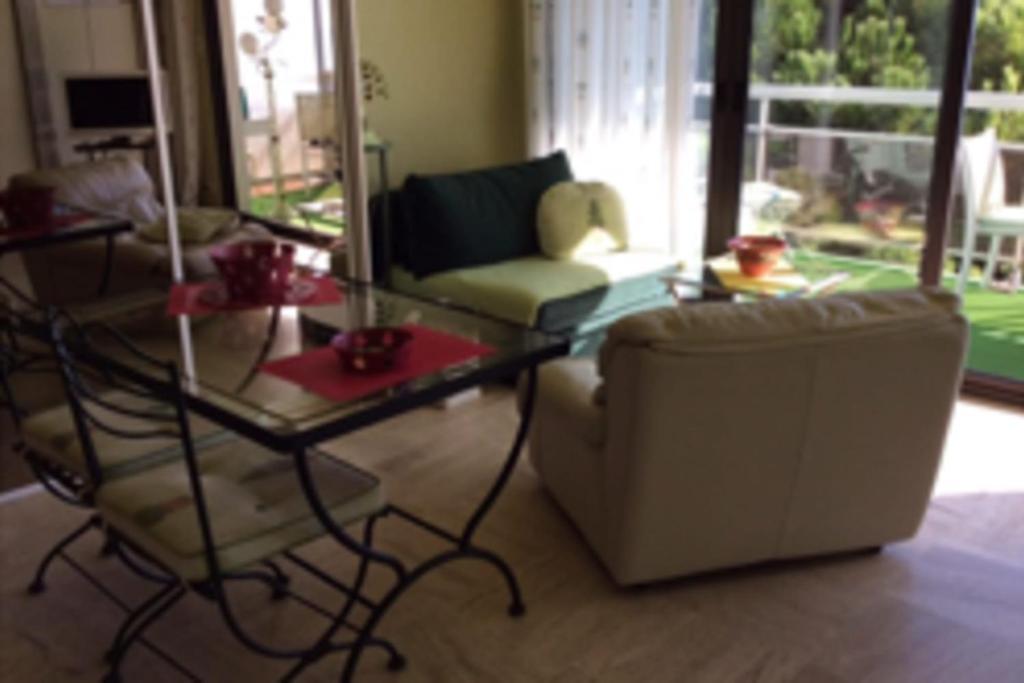 uma sala de estar com um sofá, uma mesa e uma cadeira em Lovely T2 with garden - near the beach em Cannes