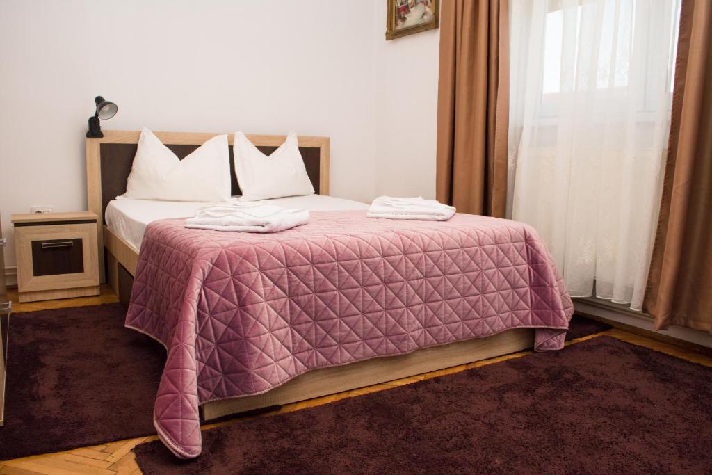 una camera con un letto e una coperta viola di Apartament David a Călimăneşti