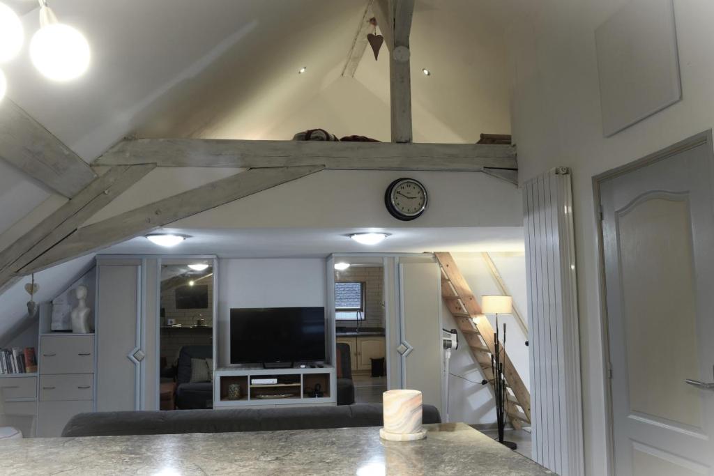 a living room with a tv and a clock on the wall at DUPLEX SPACIEUX TOUT CONFORT in Mulhouse