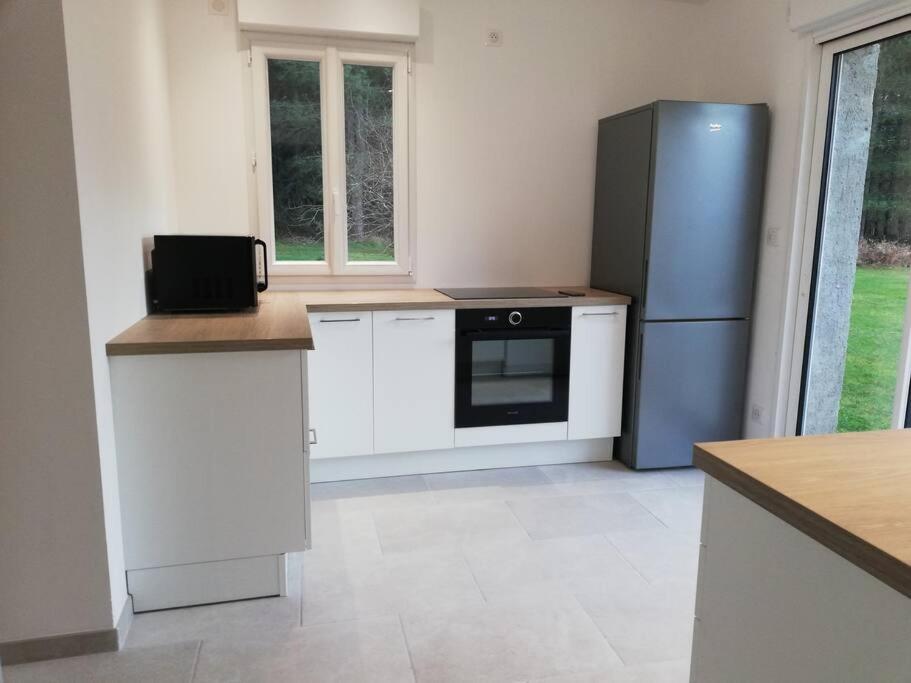 une cuisine avec des armoires blanches et un réfrigérateur dans l'établissement Maison au cœur de la foret, à La Fontaine-Saint-Martin