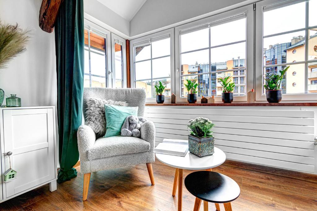 a living room with a chair and a table and windows at Willa KAMELIA-apartamenty in Krynica Zdrój
