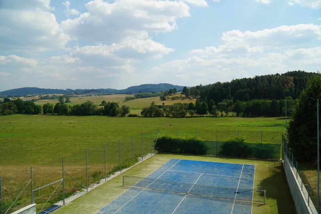 einen Tennisplatz in der Mitte eines Feldes in der Unterkunft Domek Šumava in Sušice