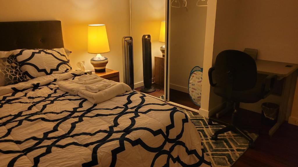 ein Schlafzimmer mit einem Bett, einem Stuhl und einem Spiegel in der Unterkunft Two luxury bedrooms in the basement in Winnipeg