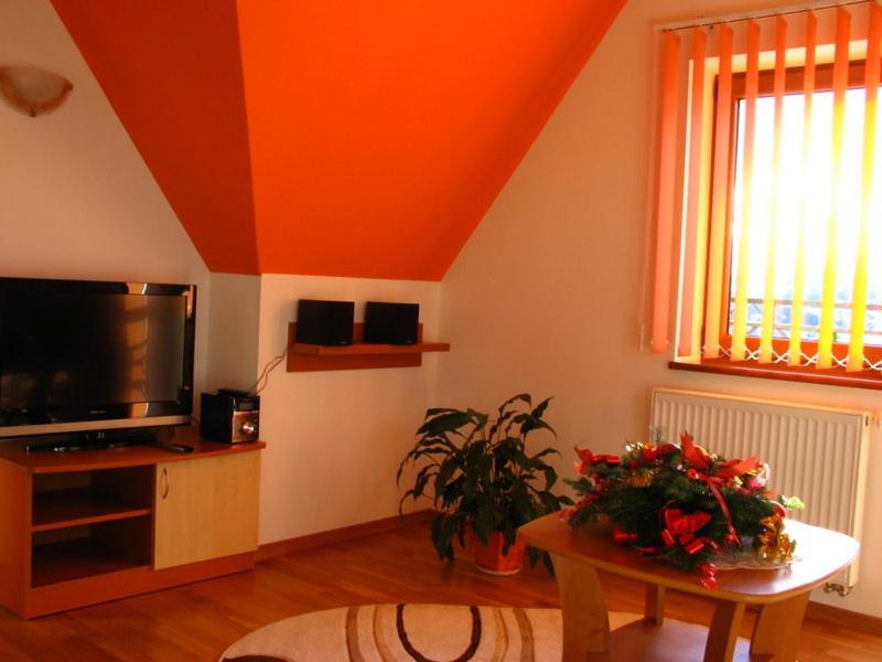 sala de estar con techo naranja y TV en Apartamenty- Mieszkania Wakacyjne, en Czarna Góra