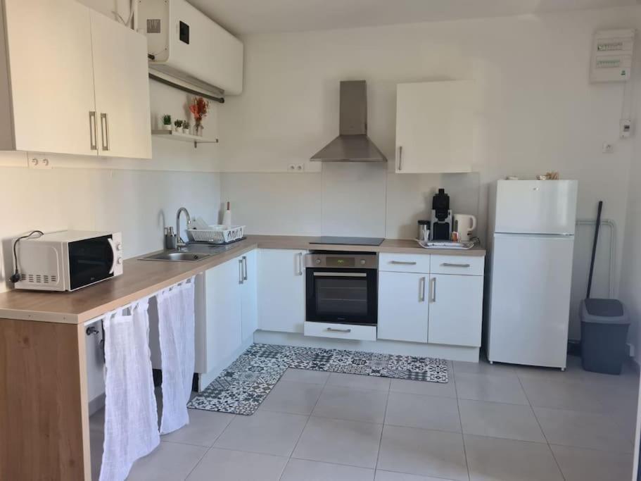 uma cozinha com armários brancos e um frigorífico em 2 pièces rez-de-chaussée Mandelieu em Mandelieu-la-Napoule