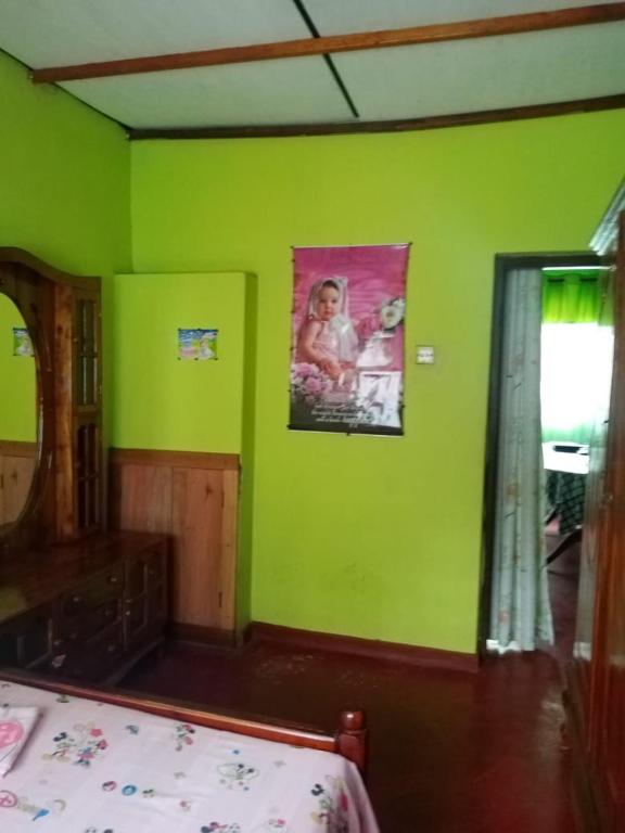 ein grünes Zimmer mit einem Bett und einem Bild an der Wand in der Unterkunft Dimuthu's house in Dikwella