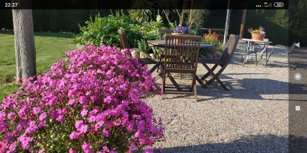 un tavolo e sedie in un giardino con fiori viola di CAN PLANAS , Estudio Familiar a Fonalleras