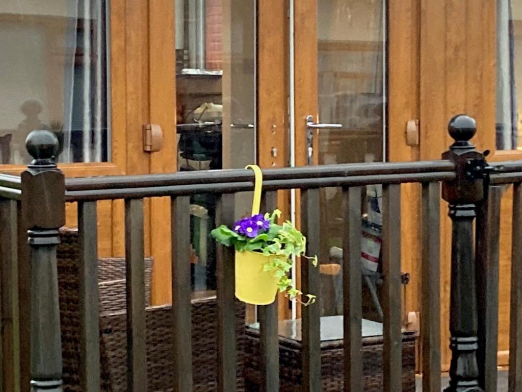 a flower pot hanging on a fence at J16 Mablethorpe Pet Friendly Chalet in Mablethorpe