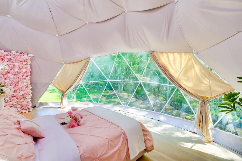 a bedroom with a bed and a large window at Unique Escapes - Rosé All Day Geodome in Monticello