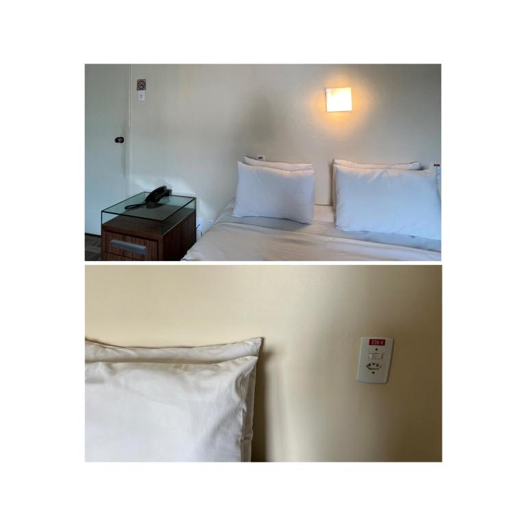 two pictures of a bed in a hotel room at Hotel Ibiá in Montenegro