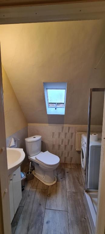 uma casa de banho com um WC, um lavatório e uma janela em Apartament 2 Pokoje Chojnów em Chojnów