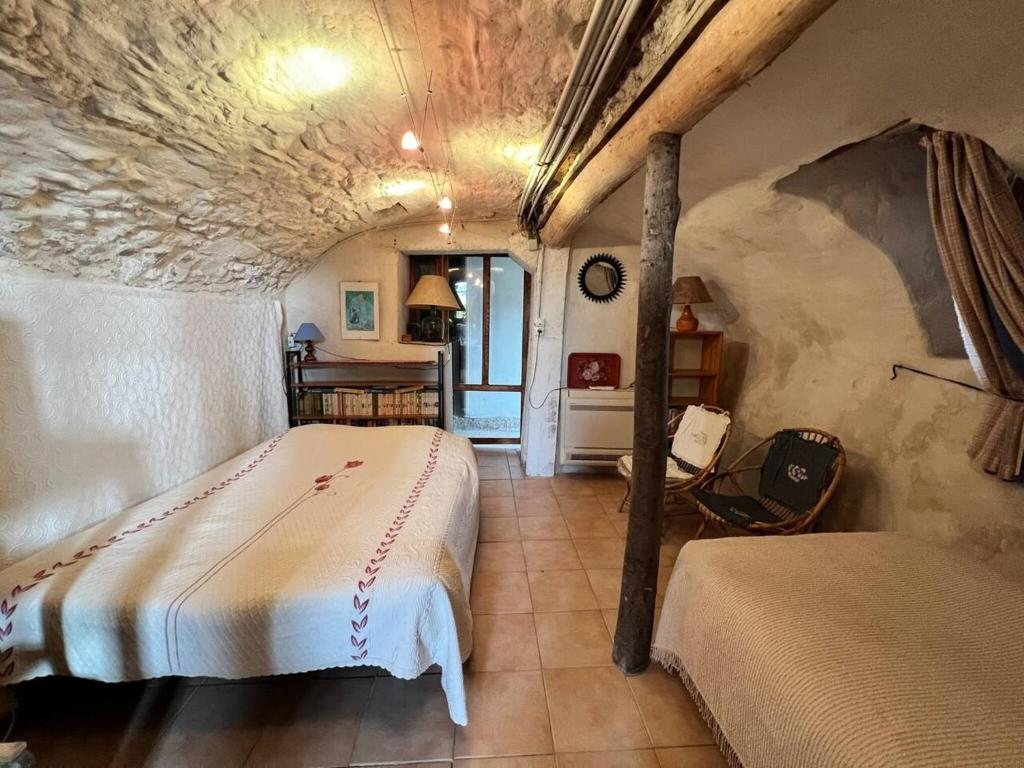 a bedroom with two beds in a stone room at Appartement charmant à Valleraugue avec terrasse, 40 m² in Valleraugue