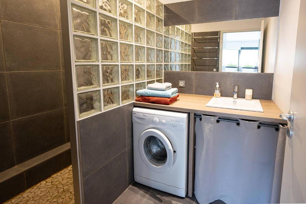 a bathroom with a washing machine and a sink at Appartement d&#39;une chambre avec terrasse et wifi a Furiani a 3 km de la plage in Furiani