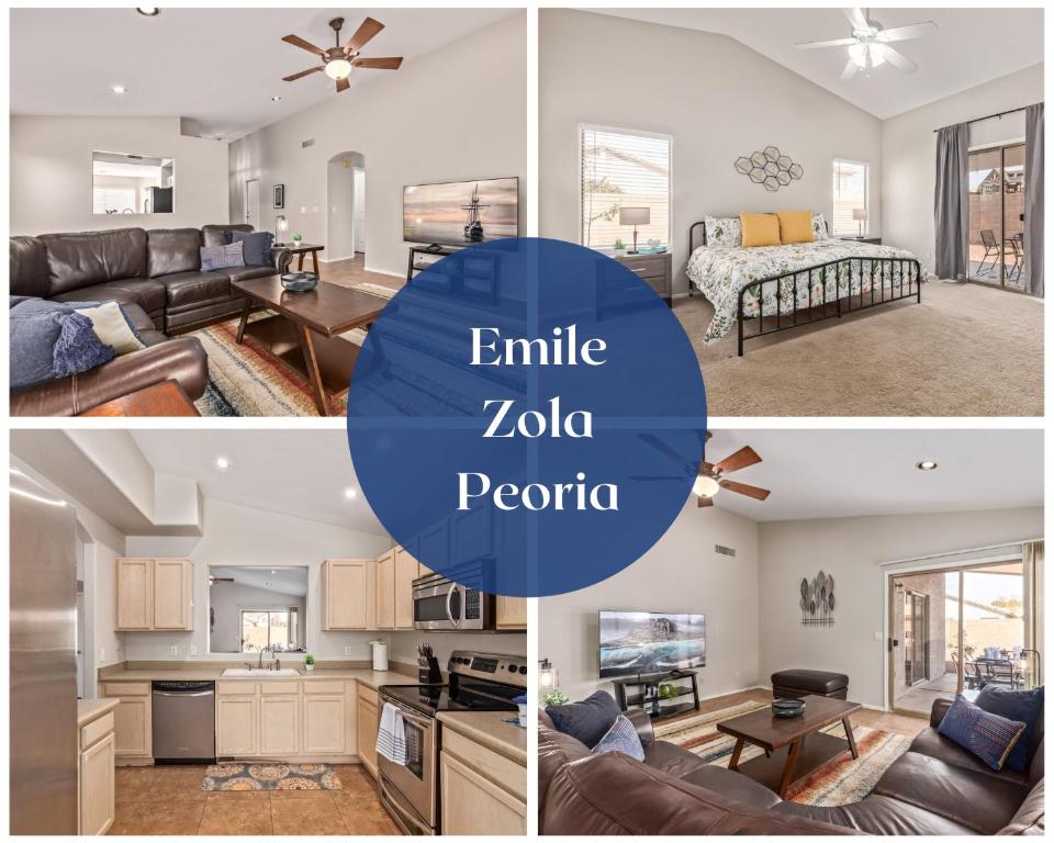 a collage of photos of a living room and dining room at Emile Zola Peoria home in Peoria