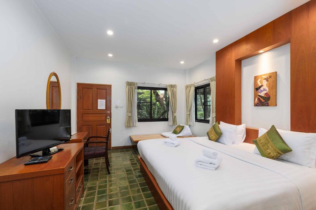 A twin bedroom includes a television, doorway and leafy windows.