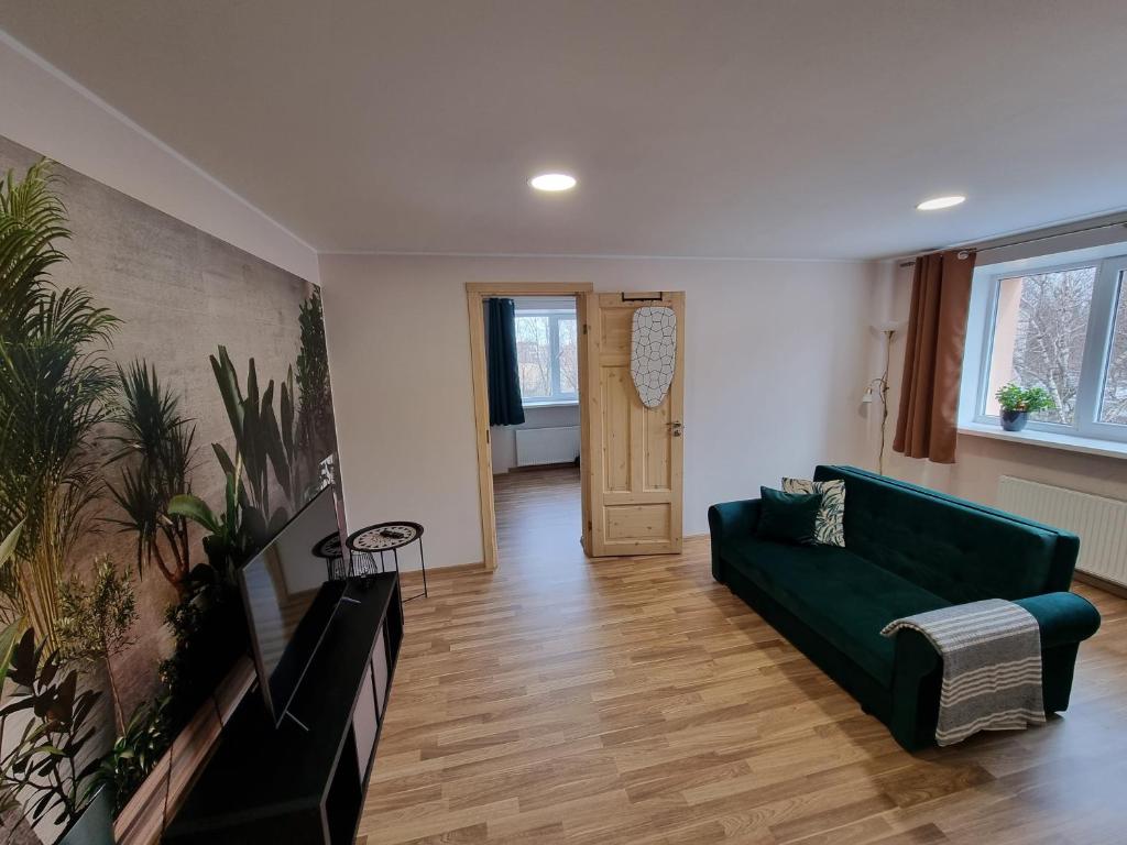 ein Wohnzimmer mit einer grünen Couch und einer Tür in der Unterkunft Cēsu mājas Raiņa ielā in Cēsis