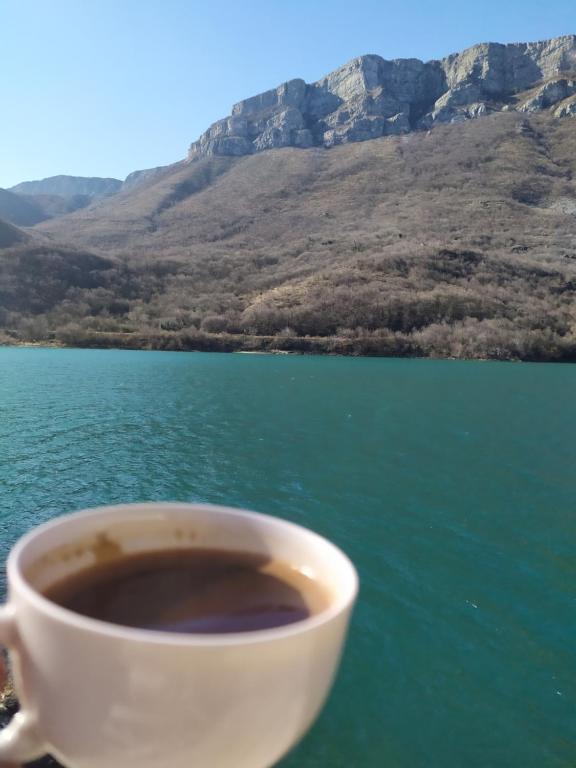 a cup of coffee in front of a lake at Mostar House in Mostar