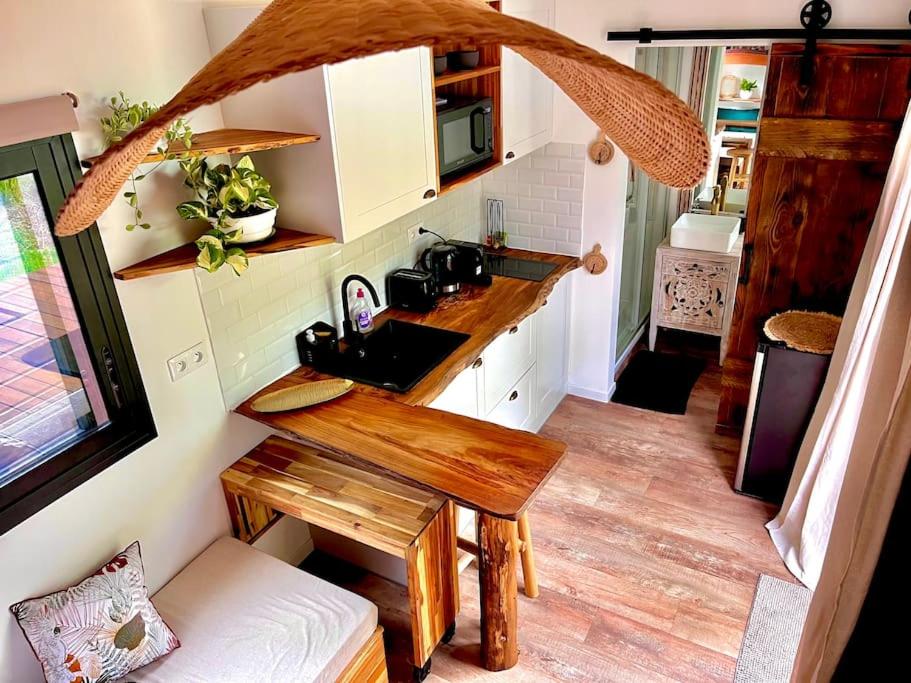 eine kleine Küche mit einer Spüle und einer Theke in der Unterkunft Lodge Agapë in Le Tampon
