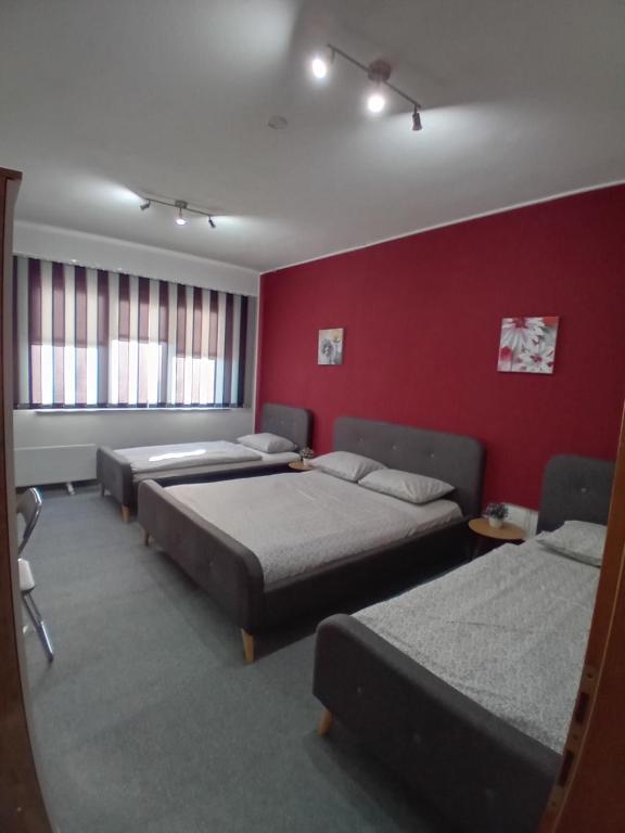 a room with four beds and a red wall at Pansion San in Bihać