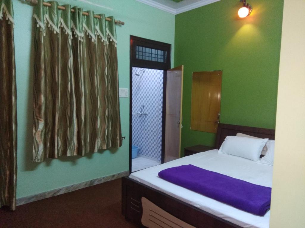 ein Schlafzimmer mit einem Bett, grünen Wänden und einer Dusche in der Unterkunft Hotel zamarrud palace in Jaipur