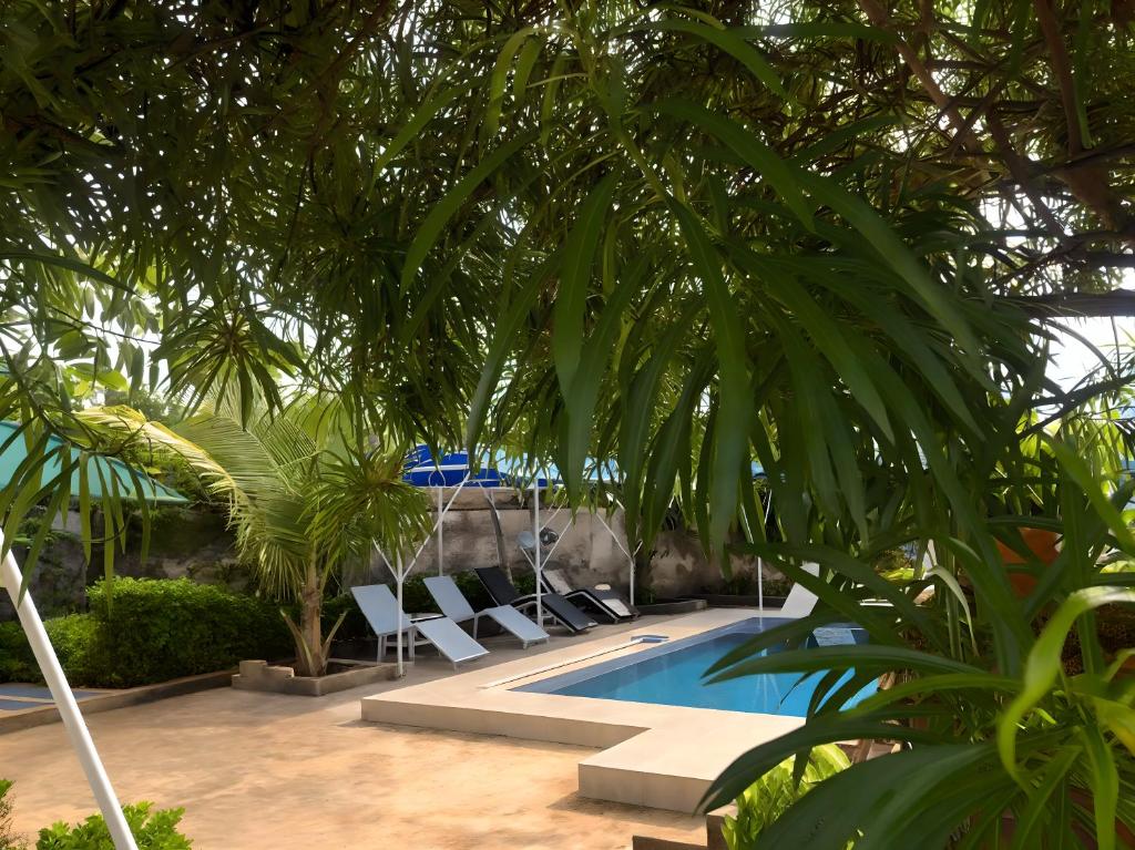 a swimming pool with chairs and a palm tree at 4 Rooms + Pool in private historic Villa in Mombasa