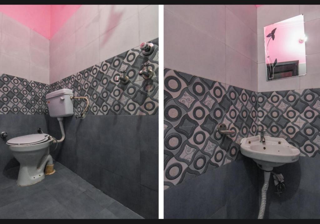 two pictures of a bathroom with a toilet and a sink at Prince Guest House in Panchkula