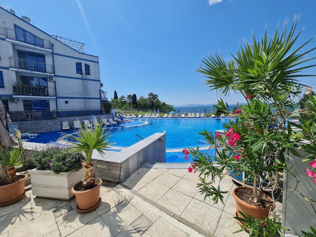 a view of a swimming pool with potted plants at Blue Bay Palace Apart Complex in Pomorie