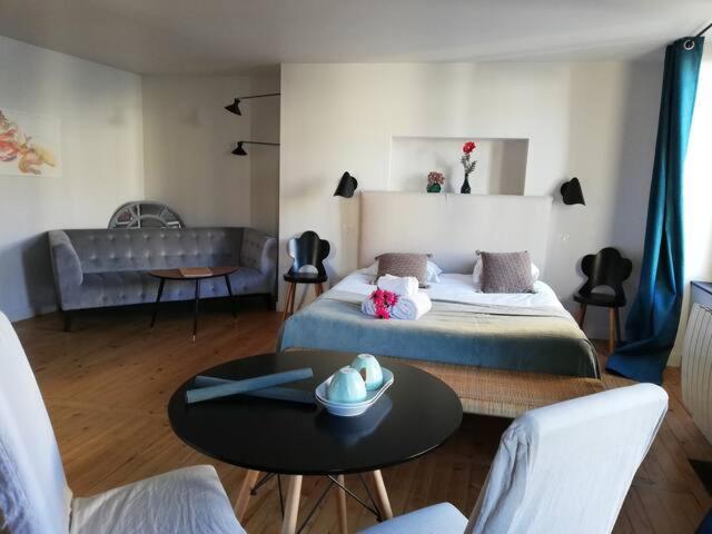クレルモン・フェランにあるLa Tour Grégoireのベッドルーム1室(ベッド1台、テーブル、ソファ付)