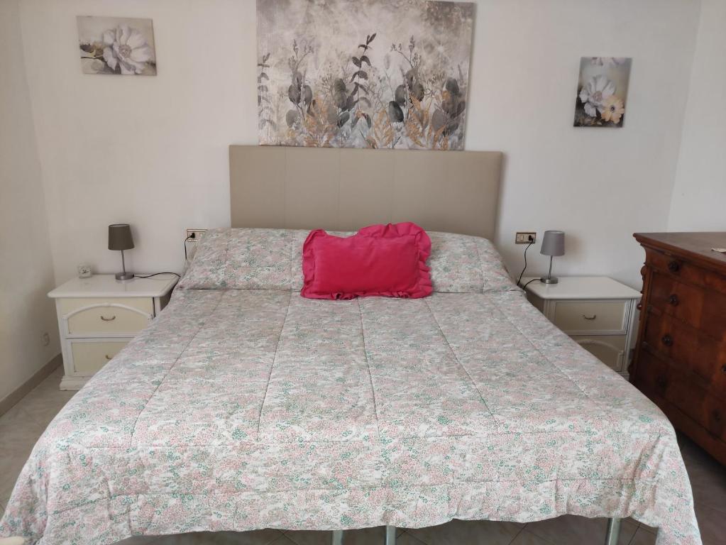 Un dormitorio con una cama con una almohada roja. en CASA MARIA en Castel del Piano