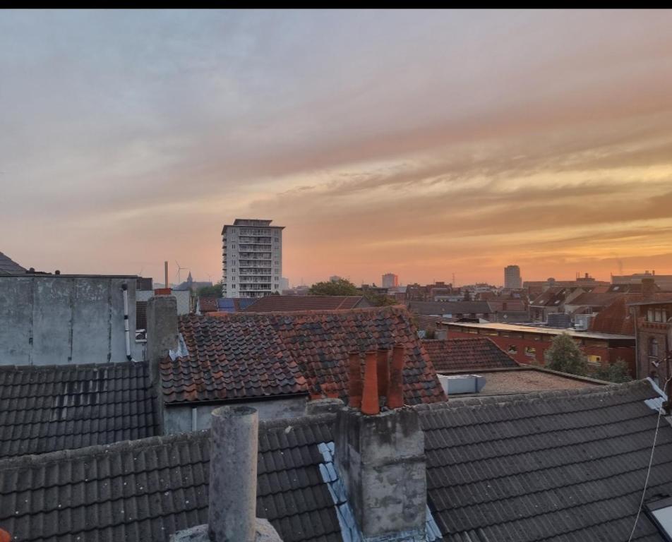Blick auf die Dächer einer Stadt bei Sonnenuntergang in der Unterkunft Sunny Penthouse with terras in Gent