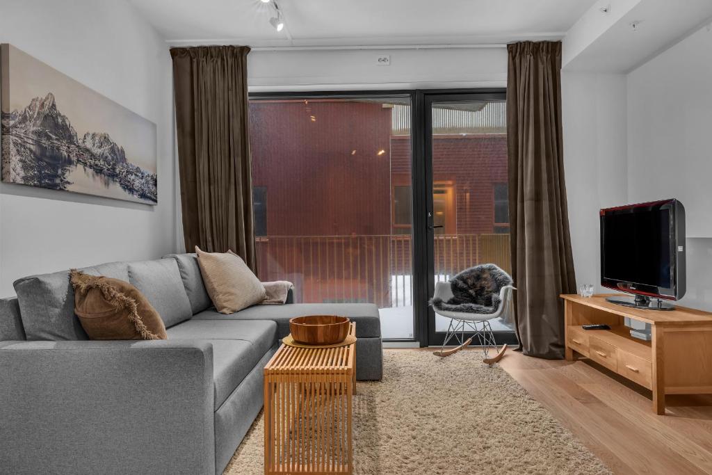 ein Wohnzimmer mit einem grauen Sofa und einem TV in der Unterkunft Vervet - 1 bedroom with sofabed in Tromsø