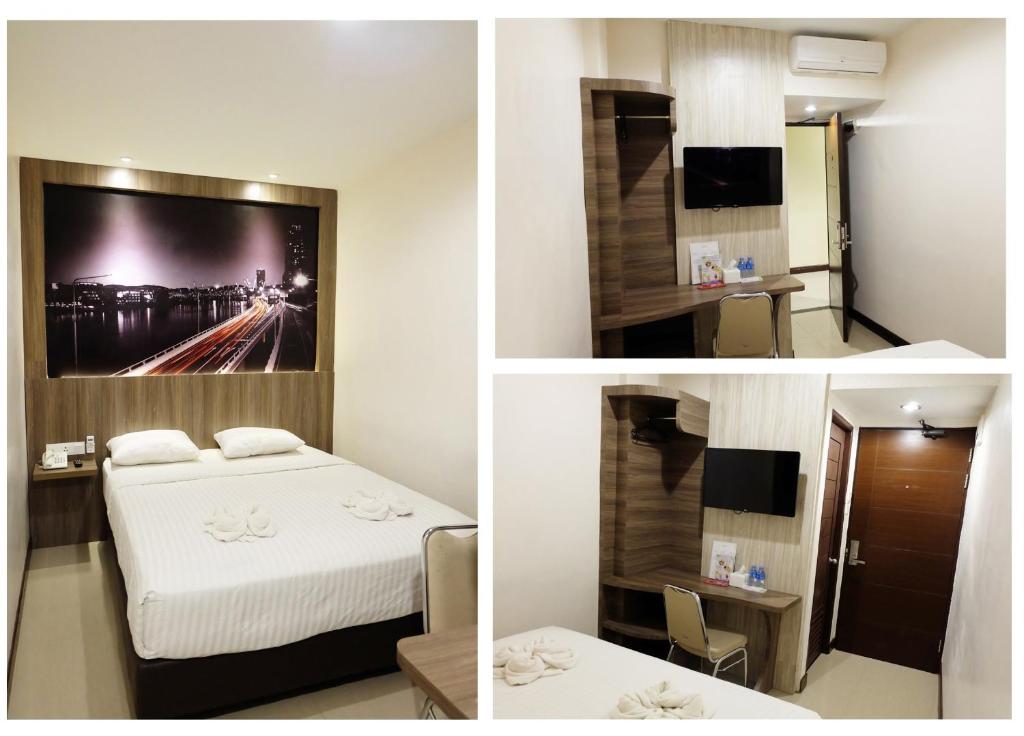 três fotografias de um quarto com uma cama e uma televisão em HOTEL MY HOME SINTANG em Sintang