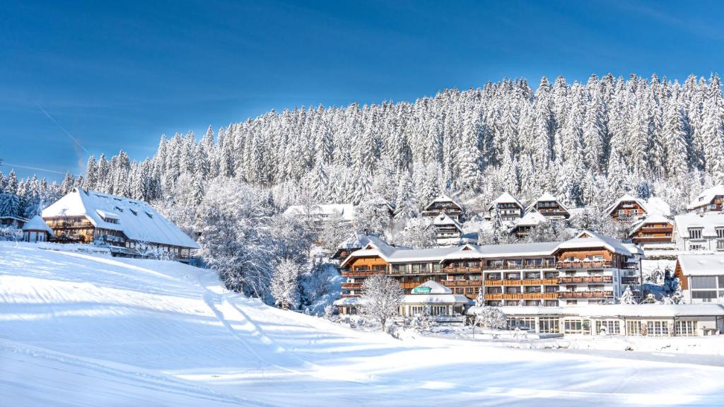 eine Hütte im Schnee auf einem verschneiten Berg in der Unterkunft Hotel Kesslermühle in Hinterzarten