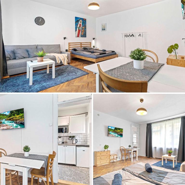 a living room and a kitchen and a dining room at Cosy Studio 10 min Center in Bratislava
