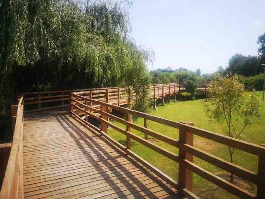 特木科的住宿－Casa 2 habitaciones en Labranza - Temuco，田野上带围栏的木桥