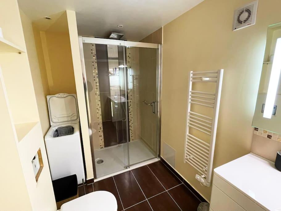 ein Badezimmer mit Dusche, Toilette und Waschbecken in der Unterkunft Merveilleux Duplex Royat Vue in Royat