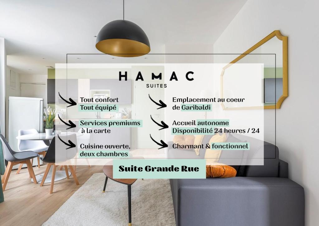 un salon avec un panneau indiquant hamac mural amovible dans l'établissement Hamac Suites - T3 refurbished - 6 travellers, à Lyon