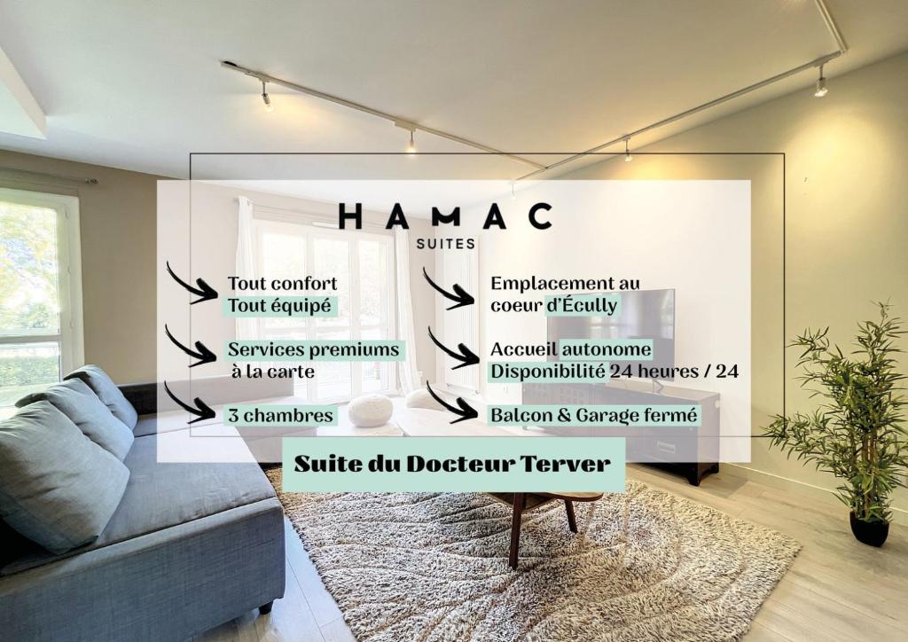 a living room with a wall with a sign that reads hamac at Hamac Suites - Docteur Terver - 6 people in Écully